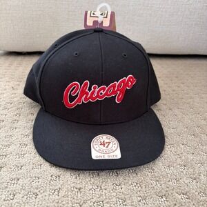 Chicago Bulls Script SnapBack Hat Black Red Hardwood Classics 47 Brand NWT